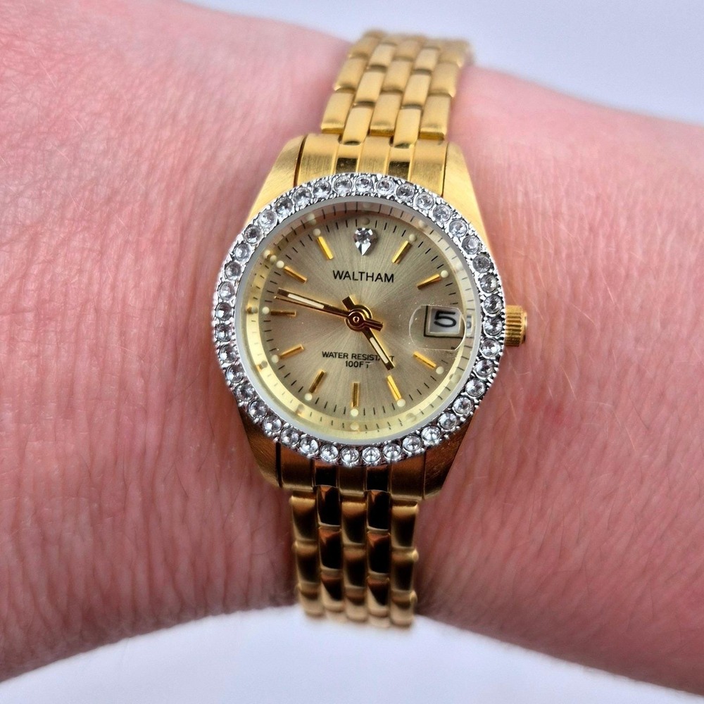 Vintage Waltham Watch Womens 24mm Gold Tone Crystals Untested Needs Battery 6.5"